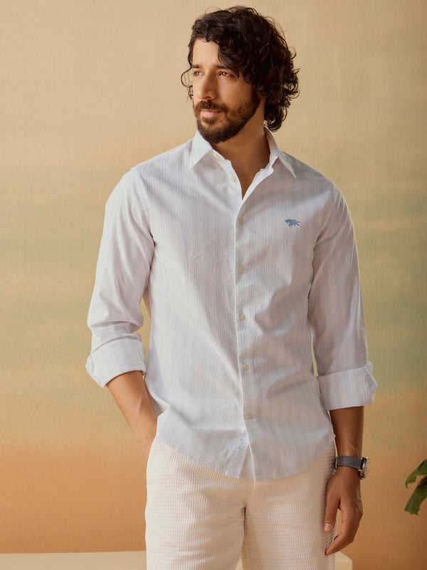 Men's White Casual Regular Fit Striped Full Sleeves Shirt
