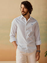 Men's White Casual Regular Fit Striped Full Sleeves Shirt