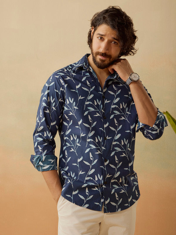 Men's Blue Casual Regular Fit Printed Full Sleeves Shirt