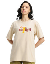 Women's Beige Casual Printed Oversized Half Sleeves Tshirt