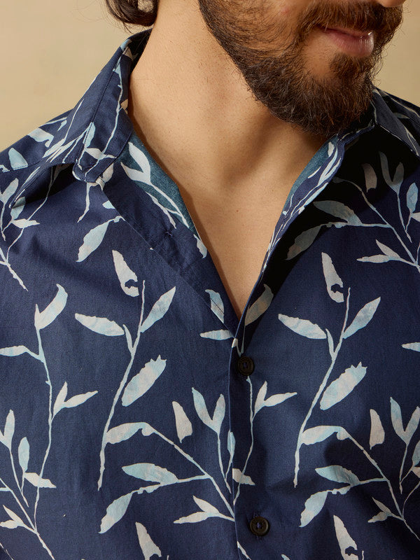 Men's Blue Casual Regular Fit Printed Full Sleeves Shirt