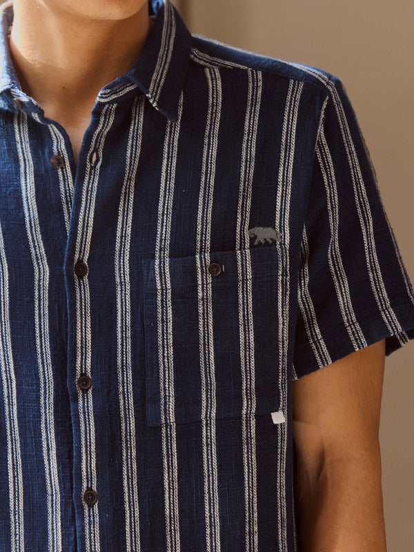 Men's Blue Casual Regular Fit Striped Half Sleeves Shirt