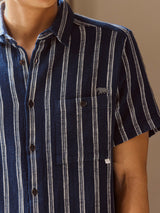 Men's Blue Casual Regular Fit Striped Half Sleeves Shirt