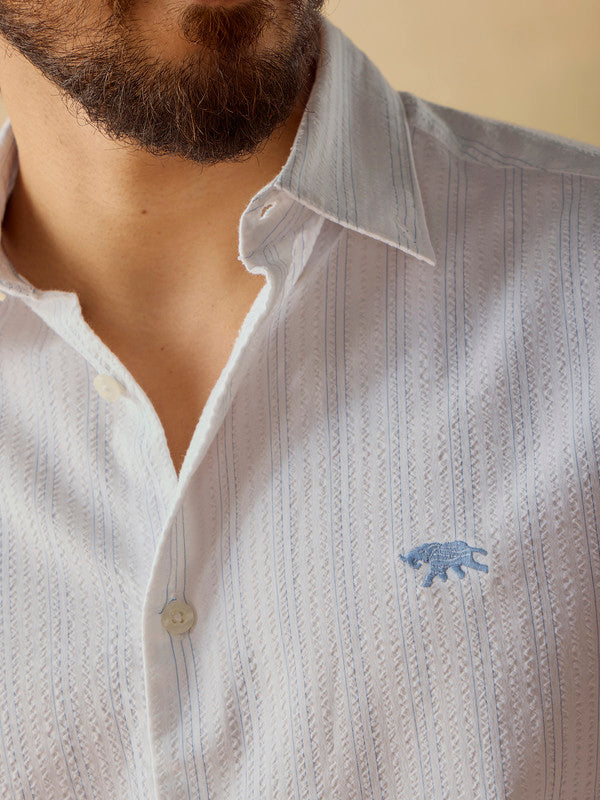 Men's White Casual Regular Fit Striped Full Sleeves Shirt