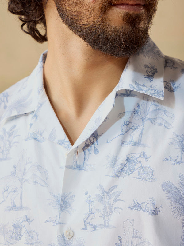 Men's White Casual Relaxed Fit Printed Half Sleeves Shirt