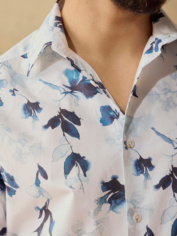 Men's White Casual Regular Fit Printed Full Sleeves Shirt