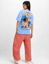 Women's Blue Casual Printed Oversized Half Sleeves Tshirt