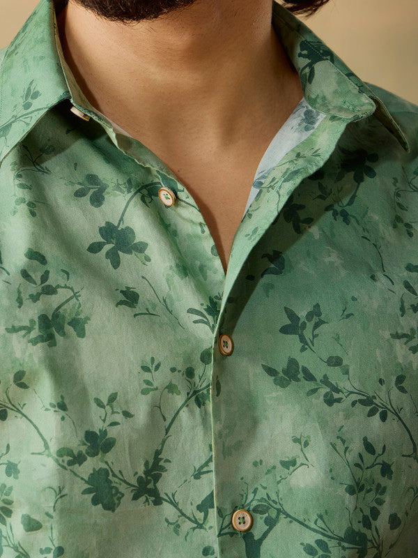 Men's Green Casual Regular Fit Printed Full Sleeves Shirt