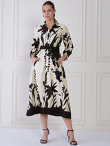 Women's Black & White Elit Floral Print Shirt Collar A-Line Midi Dress