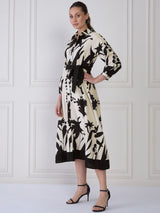 Women's Black & White Elit Floral Print Shirt Collar A-Line Midi Dress