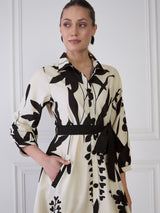 Women's Black & White Elit Floral Print Shirt Collar A-Line Midi Dress