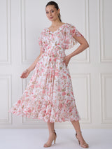 Women's Floral Print Flared Sleeve Layered Fit and Flare Midi Dress