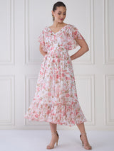 Women's Floral Print Flared Sleeve Layered Fit and Flare Midi Dress