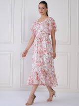 Women's Floral Print Flared Sleeve Layered Fit and Flare Midi Dress