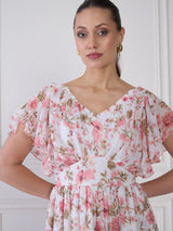 Women's Floral Print Flared Sleeve Layered Fit and Flare Midi Dress