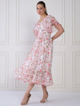 Women's Floral Print Flared Sleeve Layered Fit and Flare Midi Dress