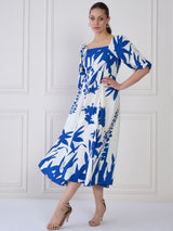 Women's Blue & White Tie and Dye Print Puff Sleeve Crepe A-Line Midi Dress