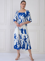 Women's Blue & White Tie and Dye Print Puff Sleeve Crepe A-Line Midi Dress