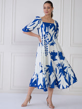 Women's Blue & White Tie and Dye Print Puff Sleeve Crepe A-Line Midi Dress