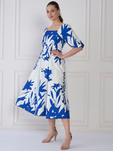 Women's Blue & White Tie and Dye Print Puff Sleeve Crepe A-Line Midi Dress