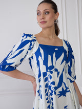 Women's Blue & White Tie and Dye Print Puff Sleeve Crepe A-Line Midi Dress
