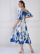 Women's Blue & White Tie and Dye Print Puff Sleeve Crepe A-Line Midi Dress