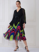 Women's Black Puff Sleeve Midi Wrap Dress