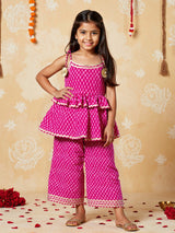 Girls Pink Cotton Festive Kurta Set