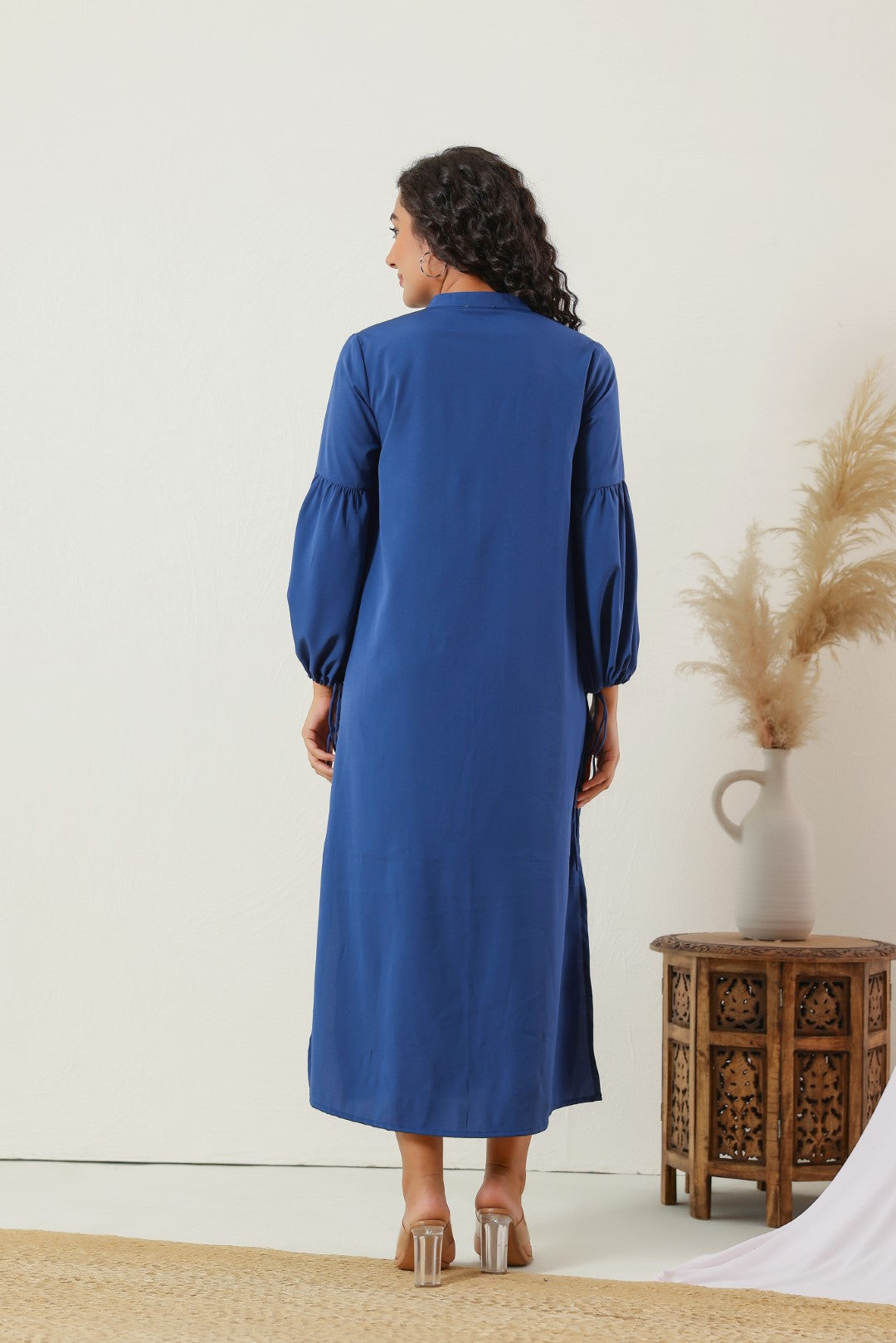 Women's Blue Work Regular Fit Embroidered Full Sleeves Dress