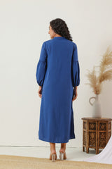 Women's Blue Work Regular Fit Embroidered Full Sleeves Dress