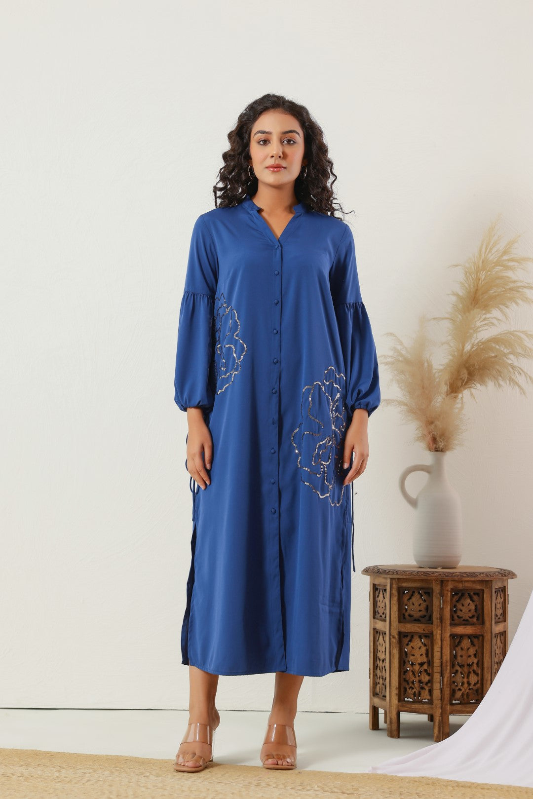 Women's Blue Work Regular Fit Embroidered Full Sleeves Dress