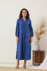 Women's Blue Work Regular Fit Embroidered Full Sleeves Dress
