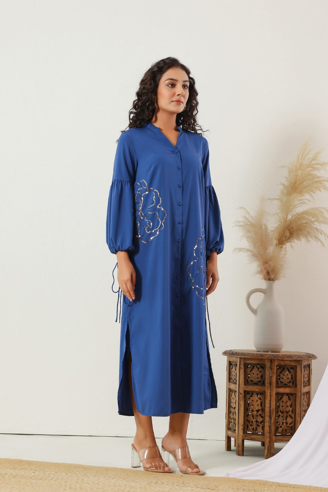 Women's Blue Work Regular Fit Embroidered Full Sleeves Dress