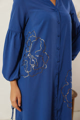 Women's Blue Work Regular Fit Embroidered Full Sleeves Dress