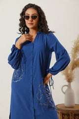Women's Blue Work Regular Fit Embroidered Full Sleeves Dress