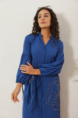 Women's Blue Work Regular Fit Embroidered Full Sleeves Dress