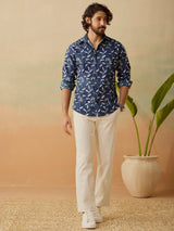 Men's Blue Casual Regular Fit Printed Full Sleeves Shirt
