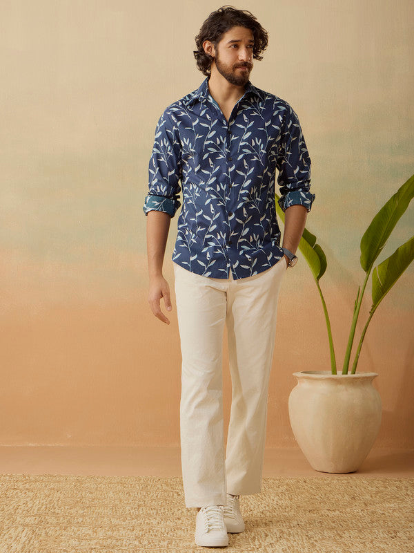 Men's Blue Casual Slim Fit Printed Full Sleeves Shirt