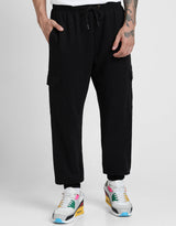 Men's Black Casual Baggy Fit Solid Cargo