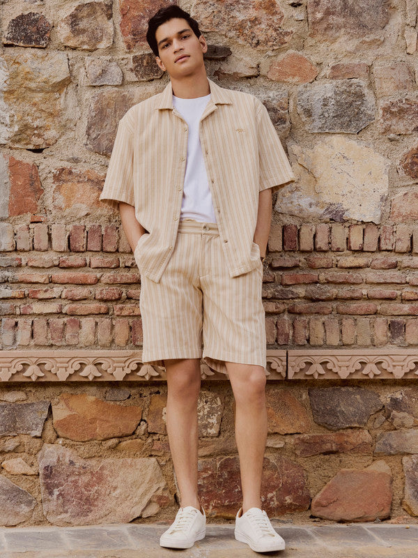 Men's Brown Casual Relaxed Fit Striped Half Sleeves Shirt
