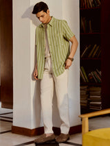 Men's Green Casual Regular Fit Striped Half Sleeves Shirt
