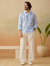 Men's Blue Casual Relaxed Fit Printed Full Sleeves Shirt