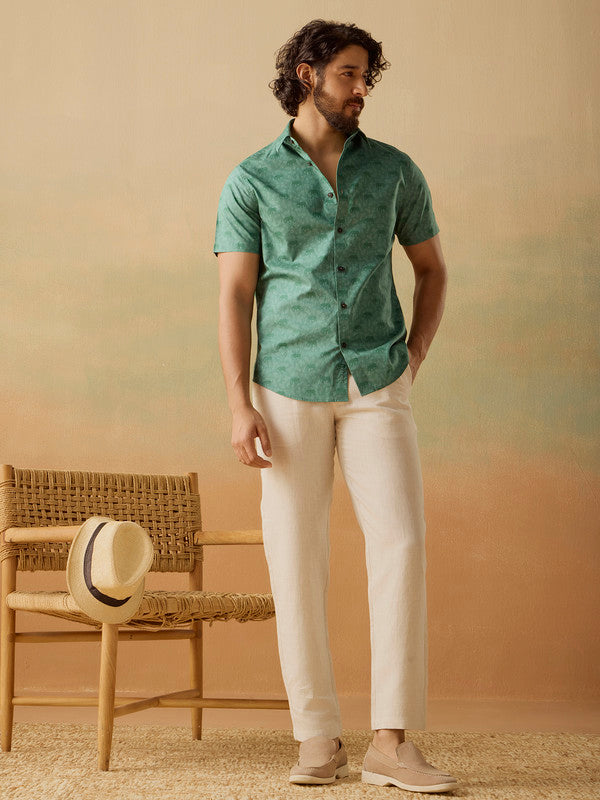 Men's Green Casual Slim Fit Printed Half Sleeves Shirt