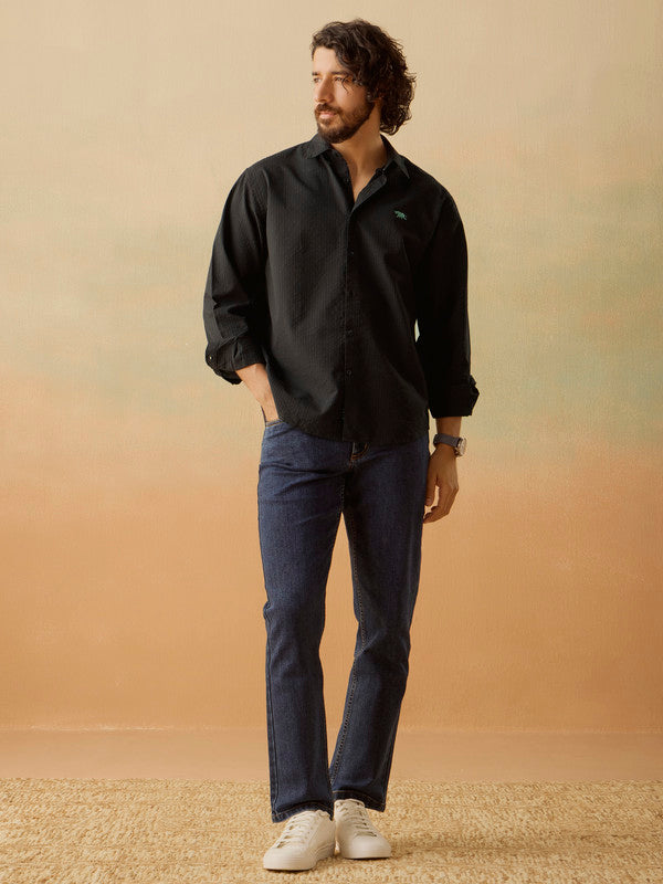 Men's Black Casual Relaxed Fit Solid Full Sleeves Shirt