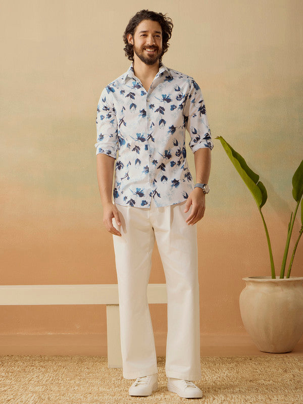Men's White Casual Regular Fit Printed Full Sleeves Shirt
