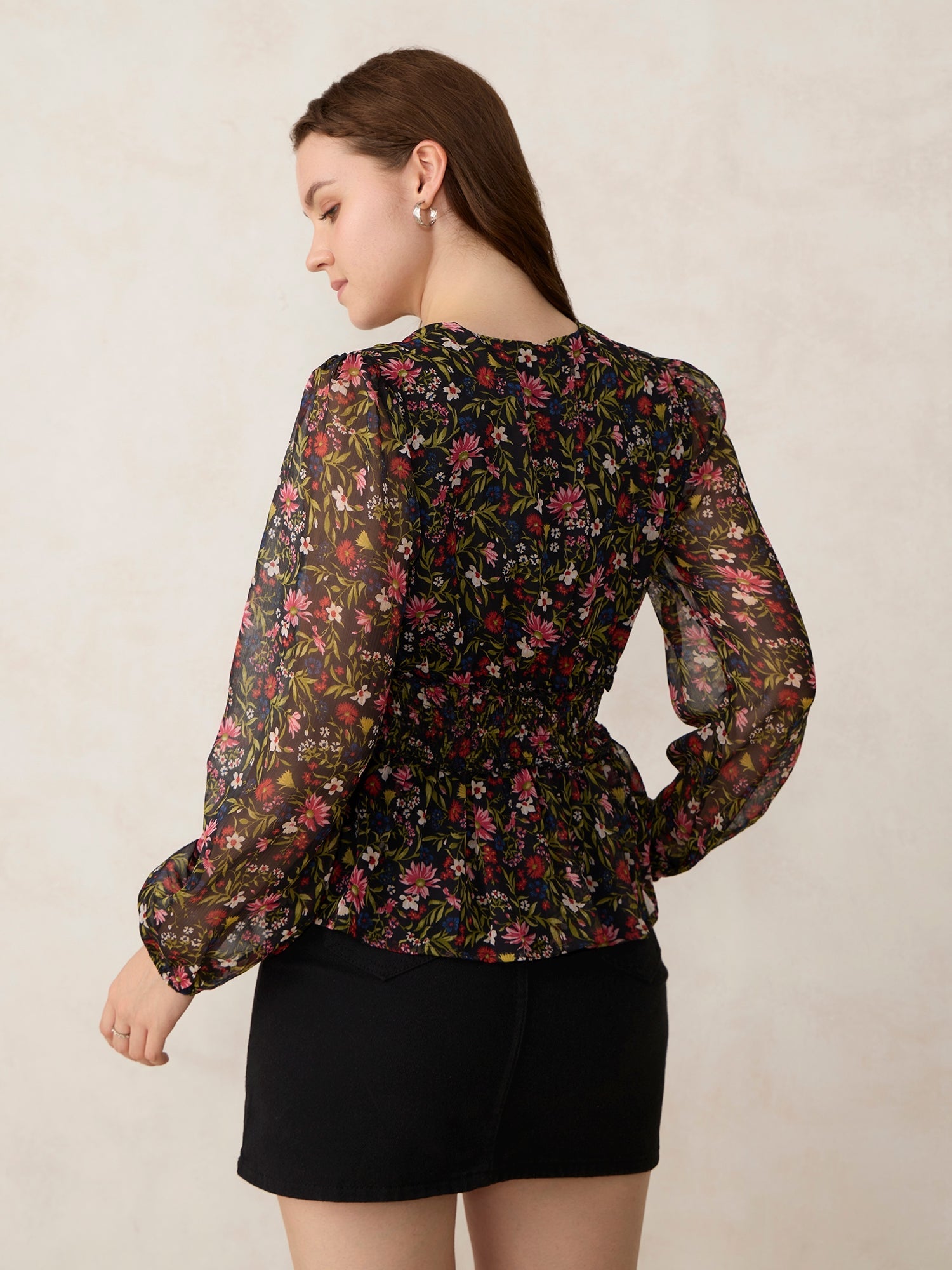 Women's Black Printed Peplum Top