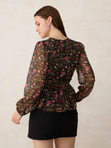 Women's Black Printed Peplum Top