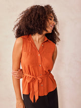 Women's Rust Sleeveless Shirt With Pocket And Tie Up Detail