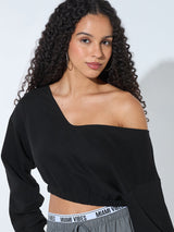 Women's Black Casual Oversized Fit Solid Full Sleeves Cropped Sweatshirt