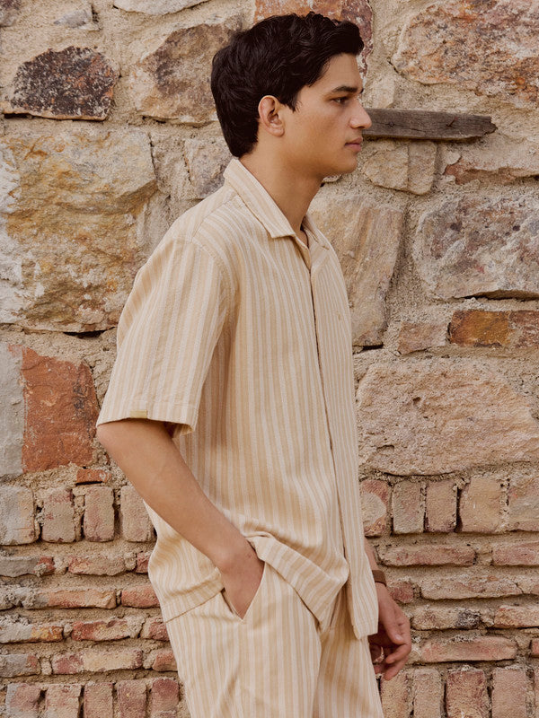 Men's Brown Casual Relaxed Fit Striped Half Sleeves Shirt